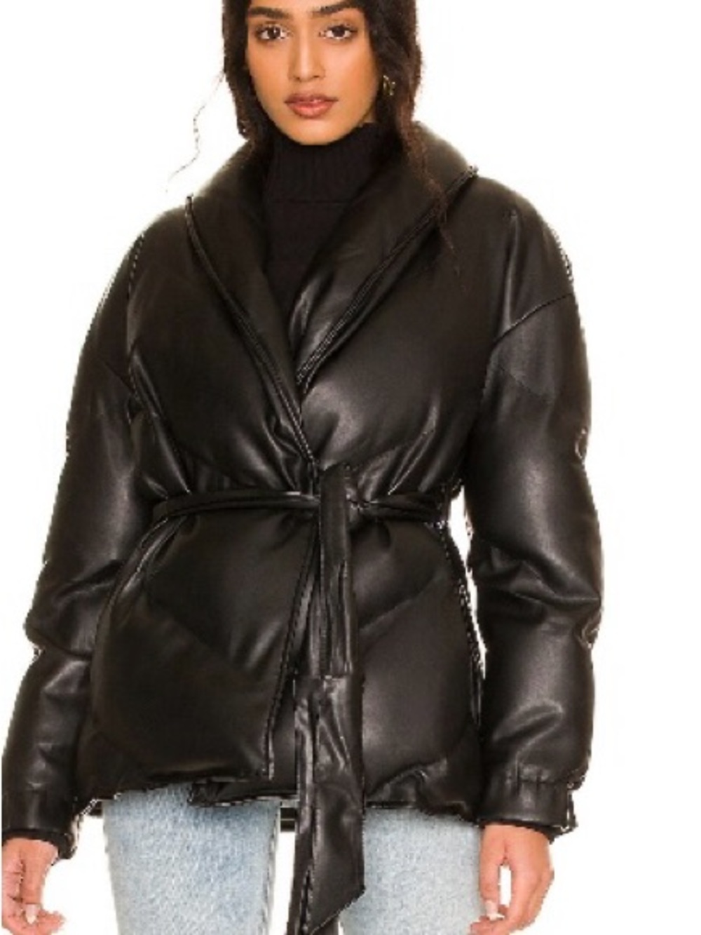 Blank NYC Black Faux-Leather Belted Puffer Jacket